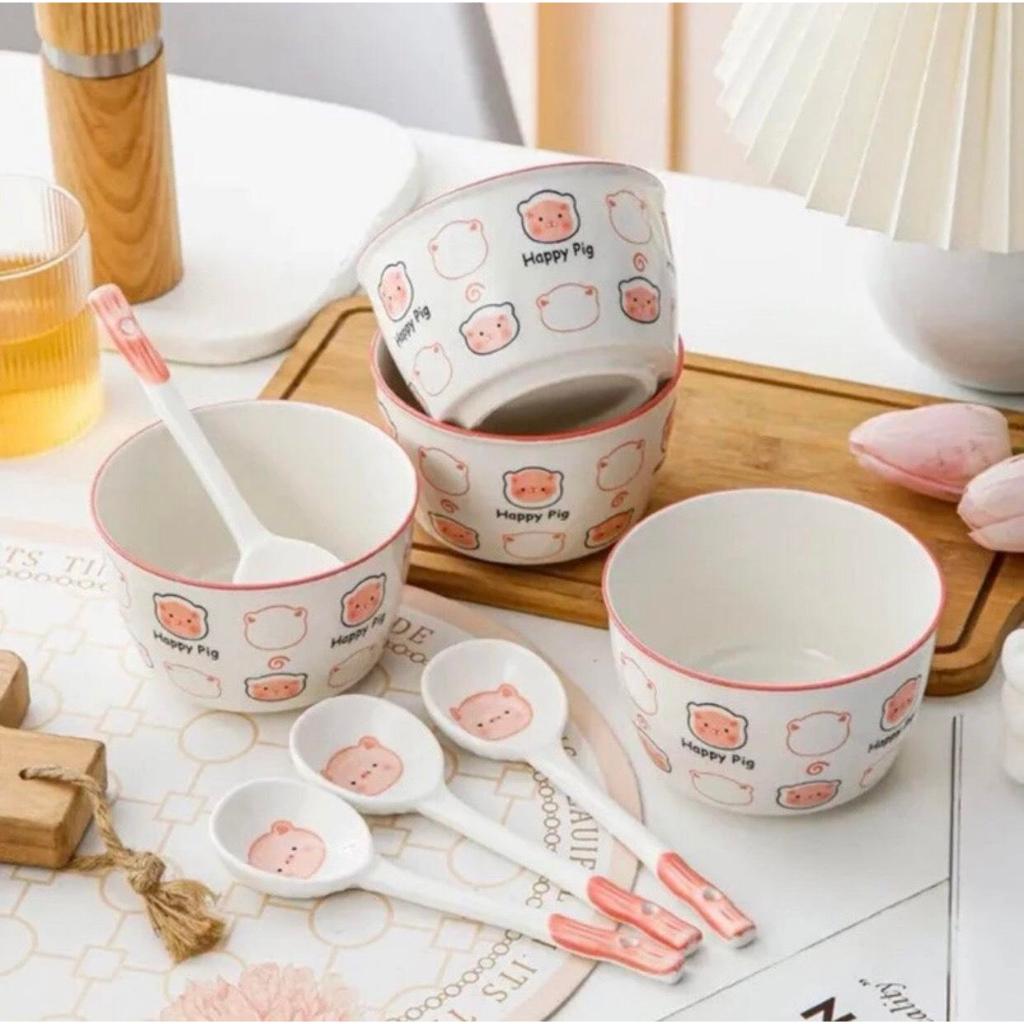Set 2 chén sứ và 2 muỗng sứ họa tiết cute chịu nhiệt tốt