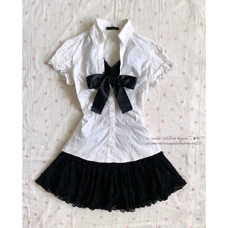 - Y2k dark coquette áo nữ ngắn tay cổ sơ mi phối viền ren nơ vintage nhật bản ⋆˚𝜗𝜚˚⋆
