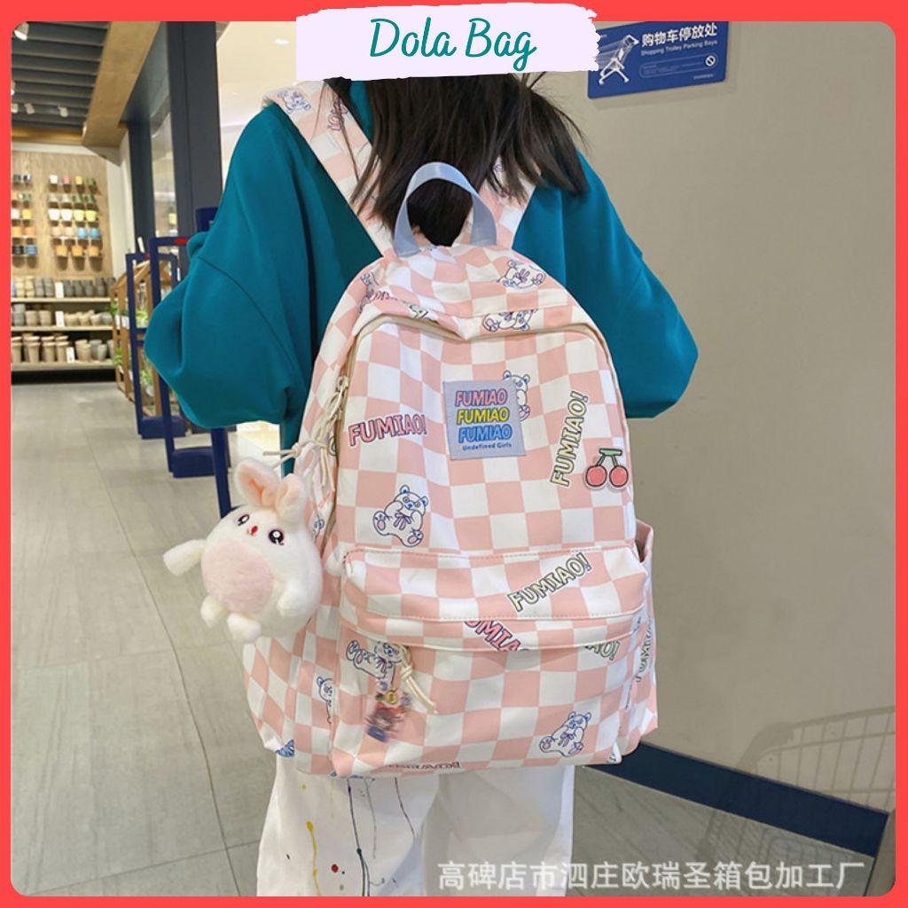 Balo nữ caro nữ hồng nổi bật đẹp phong cách,cặp đi học caro cho nữ hồng trắng nổi bật