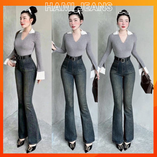 Quần jean nữ ống loe co giãn cạp cao túi đắp to quần loe tôn dáng