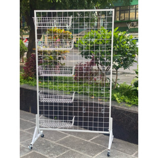  Kệ khung lưới có bánh xe kèm 5 rổ + 10 móc treo   Cao 1m5 x Dài 90cm   