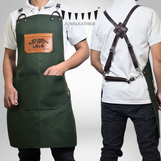 Tạp dề pha chế vải canvas dây da bò của Junsleather phối da bò cao cấp dành cho Barista/Bartender quán cà phê
