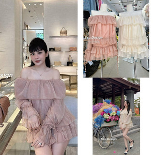 SET ÁO TƠ TRỄ VAI TAY CỘT NƠ BO CHUN EO MIX CHÂN VÁY XẾP TẦNG”SOEUL” tiểu thư