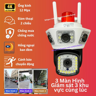 Camera YooSee 3 Mắt 3 Màn hình 12Mpx, Độ Phân Giải 4K (4096x2160), Siêu Nét, Đàm Thoại 2 Chiều, Zoom 10X, Ban Đêm Màu