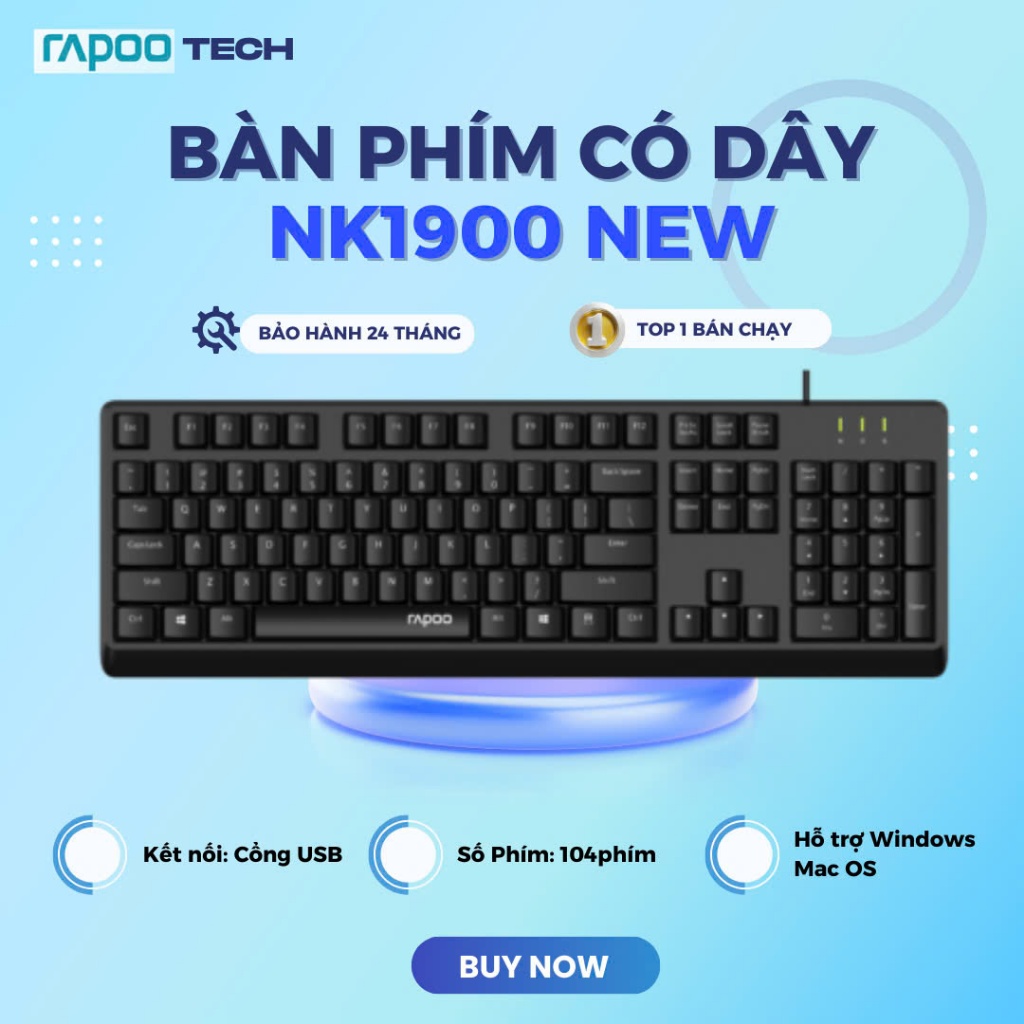 Bàn phím có dây Rapoo NK1900, Cảm giác bấm phím mềm và nảy, Phím được khắc Laser chống phai màu ký t