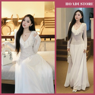   Ảnh sàn  Đầm Ren Maxi Tay Dài Cổ V Viền Bèo Dáng Xoè ChouChou Đi Tiệc Siêu Xinh 