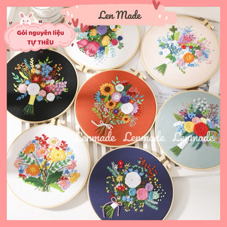 Gói nguyên liệu thêu trong suốt hoa cỏ vintage quà tặng trang trí decor phòng khung vải đầy đủ thủ công tự làm Lenmade