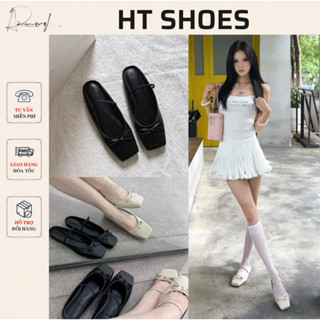 Giày sục búp bê C mũi vuông đính nơ nhỏ phối quai ngang đế bệt 1cm chất da Pu cho nữ Fullbox 8125