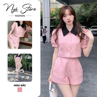 Set áo sơ mi tay phồng cúc dọc phối quần short chất tapta màu hồng cực ngọt cho các nàng bánh bèo