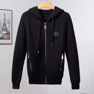 Áo Khoác Len Tăm Philipp Plein Logo qp Ngực Mũ Áo Khoác Khoác Kéo Len Tăm Thời Trang Nam Nữ