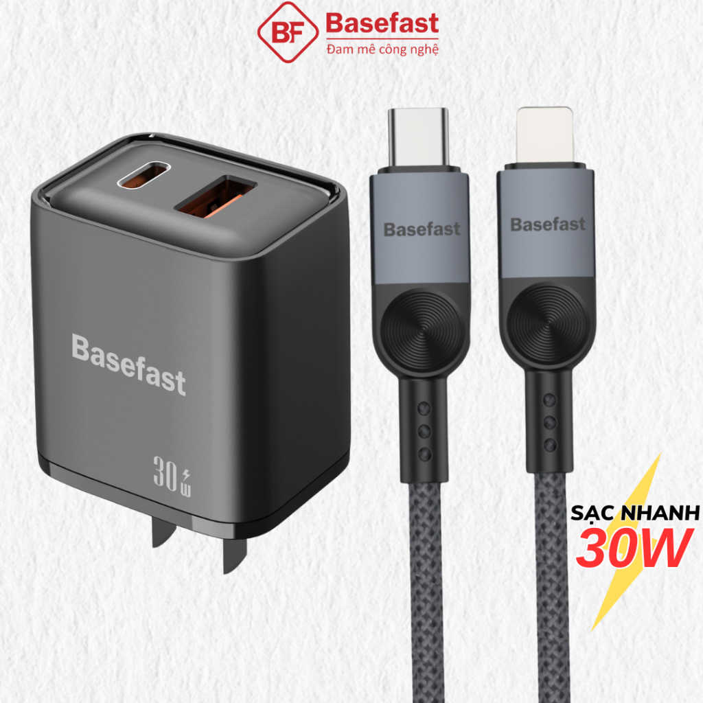 Bộ Sạc Nhanh 30W Củ 2 Cổng Pd30W Kèm Dây Dù Siêu Bền Basefast Cho Phone 11 12 13 14 15 16 Pro Max