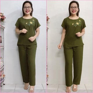 Bộ đũi Tay cộc Quần dài Trung Niên cho mẹ - Bộ đũi Phối thêu Cho Mẹ cho Bà