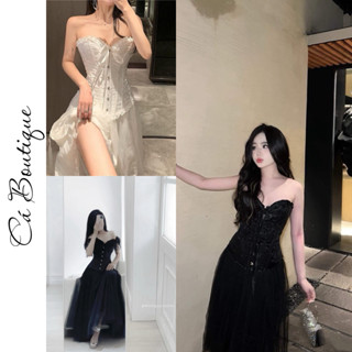 SET ÁO QUÂY CORSET NƠ VIỀN BÈO PHỐI CHÂN VÁY LƯỚI DÀI DỰ TIỆC SANG CHẢNH