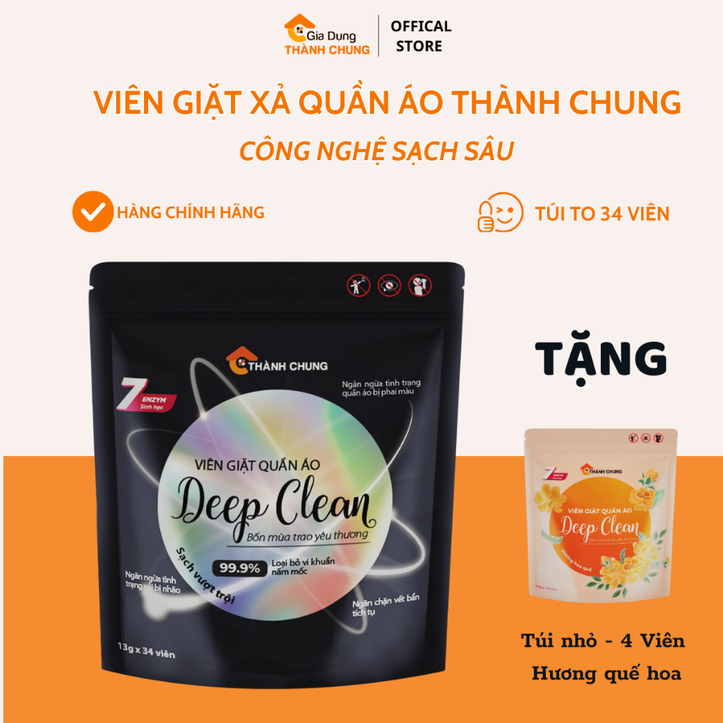 [Tặng Túi Nhỏ Hương Hoa Quế 4 Viên ] Viên Giặt Xả Quần Áo Thành Chung Deep Clean (34 Viên/túi) 7 Enz