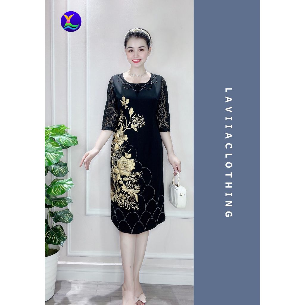 Đầm Dự Tiệc Trung Niên Cho Mẹ Laviia Đầm Suông Chất Liệu Vải Cát Nhật Co Giãn Mềm Mại Họa Tiết Bông Ren Cao Cấp _LA8
