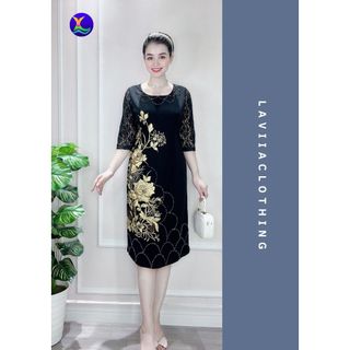 Đầm Dự Tiệc Trung Niên Cho Mẹ Laviia Đầm Suông Chất Liệu Vải Cát Nhật Co Giãn Mềm Mại Họa Tiết Bông Ren Cao Cấp _LA8