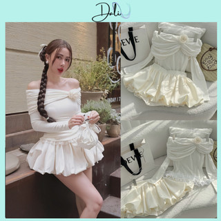 Set Áo Thun Gân Dáng Bẹt Vai May Nhúm Kèm Hoa Cài Phối Viền Ren + Chân Váy Xoè Phồng