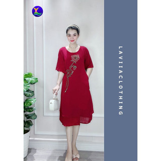 Đầm Trung Niên Cho Mẹ Laviia Chất Liệu Vải Voan Hai Lớp Mềm Mại Thiết Kế Đính Đá Họa Tiết Hoa Hồng Sang Trọng_LA2