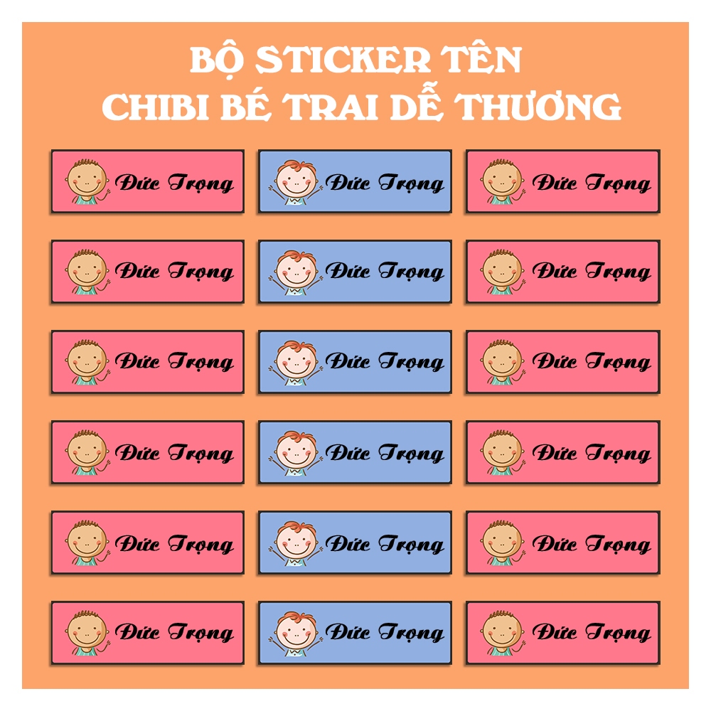 150 Sticker In Tên Theo Yêu Cầu Gì Cũng In - Mẫu BÉ TRAI CHIBI - Decal Nhựa Chống Nước