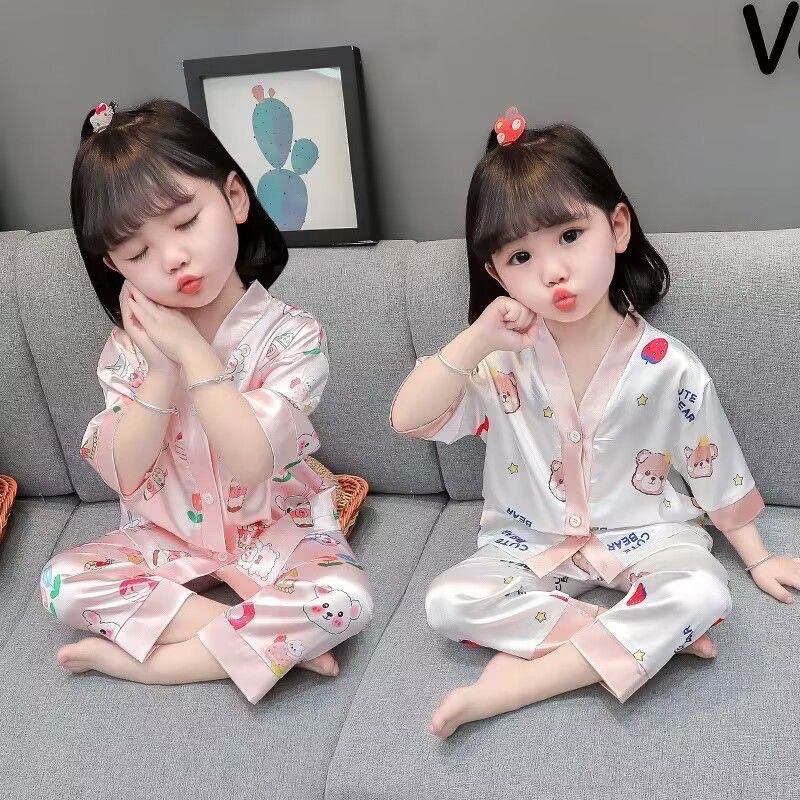 Bộ Đồ Ngủ lụa pijama mặc ở nhà cho bé gái tay lỡ với họa tiết đáng yêu chất lụa bóng mềm mát cho bé diện cả ngày