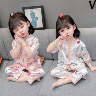 Bộ Đồ Ngủ lụa pijama mặc ở nhà cho bé gái tay lỡ với họa tiết đáng yêu chất lụa bóng mềm mát cho bé diện cả ngày