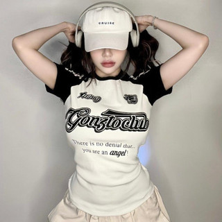 Áo phông nữ form rộng tay phối màu chữ in ngực GOTOCLUB-Áo thun tay lỡ nam nữ unisex freesize form rộng 65kg chất cotton