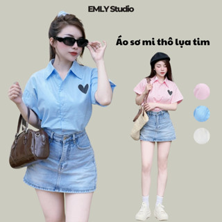  Áo Sơ Mi Thô Lụa Cộc Tay Cao Cấp Trái Tim Rút Dây Ở Tay Nữ Áo Sơ Mi Cộc Tay Nữ EMLY 