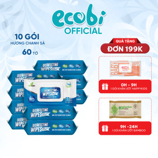 Thùng 10 gói khăn ướt diệt khuẩn EcoWipes gói 60 tờ hương chanh sả diệt 99,9% vi khuẩn gây hại