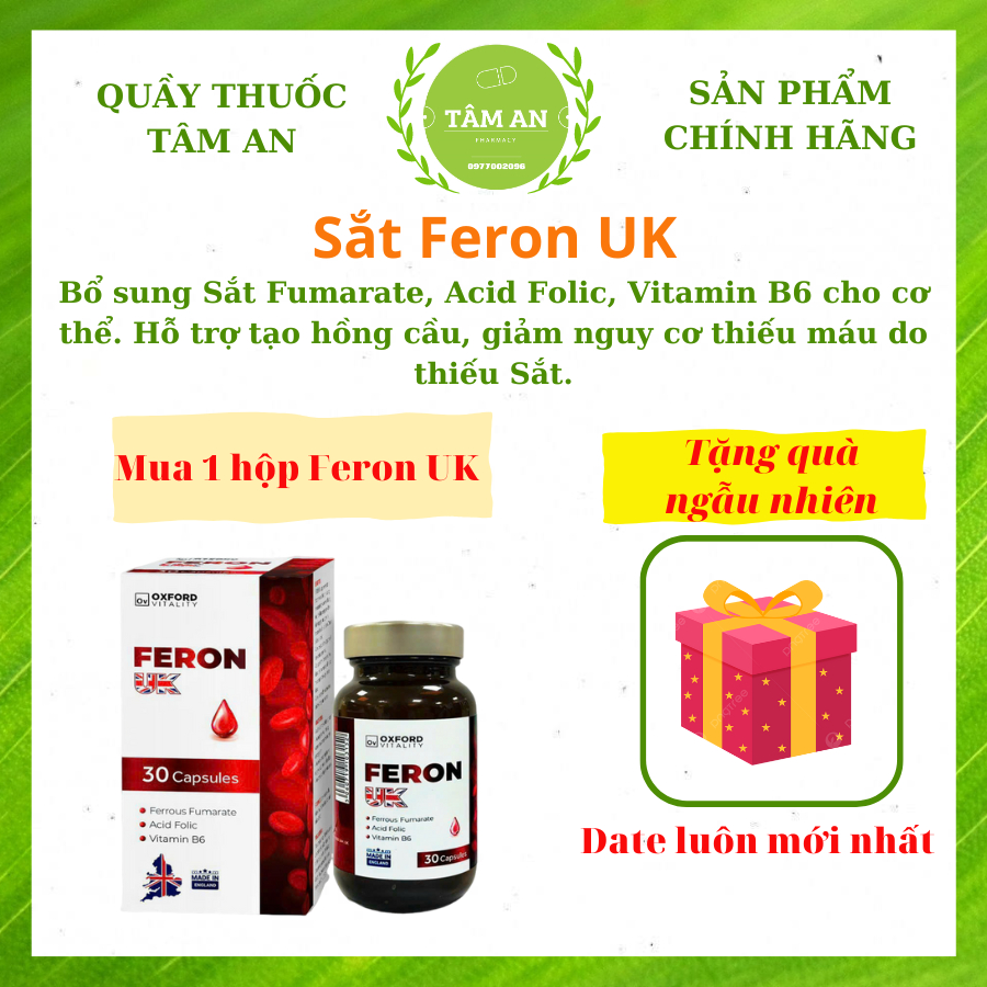 Feron UK- Bổ sung Sắt hữu cơ, Acid Folic, Vitamin B6 nhập khẩu Anh Quốc Lọ 30 viên