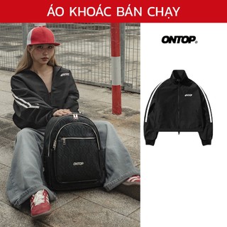 Áo khoác dù nam nữ ONTOP viền tay trắng form boxy màu đen 2 đầu kéo cổ trụ local brand Stripes | O22-AK3