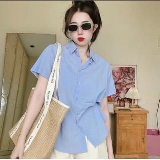 sơ mi tay cộc áo sơ mi nữ xanh kiểu dáng rộng freesize