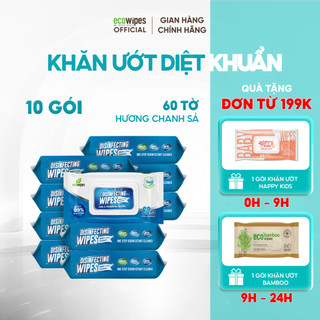 Thùng 10 gói khăn ướt diệt khuẩn EcoWipes gói 60 tờ diệt 99,9% vi khuẩn hương chanh dịu nhẹ