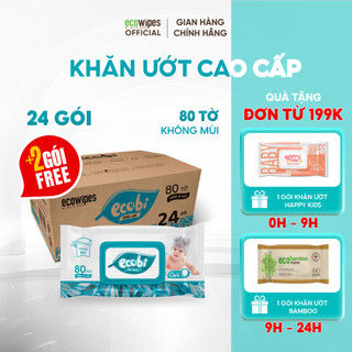 Tặng thêm 2 gói_thùng 24 gói khăn ướt ecobi gói 80 tờ 560g không mùi không parabens cho bé