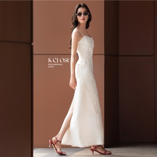 Đầm midi 2 dây xẻ sau, thêu chỉ nổi, thời trang thiết kế K Closet D2013
