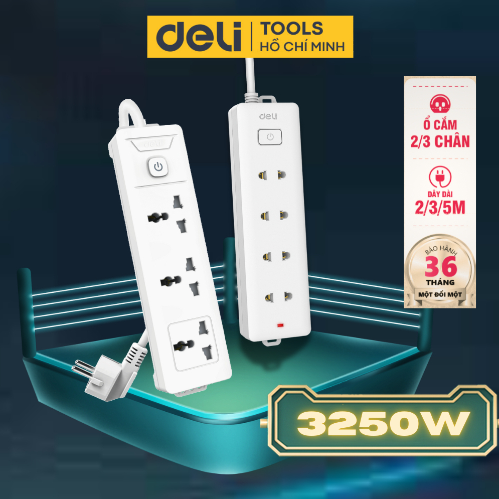 Ổ Điện Đa Năng Deli Tích Hợp 4 Lỗ Cắm Đầu Hai - Tiện Dụng, An Toàn - Dùng Trong Văn Phòng - Dây Dài 
