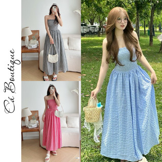 Đầm ống nhún dánh dài caro đi biển, đầm nữ dáng dài xinh xắn