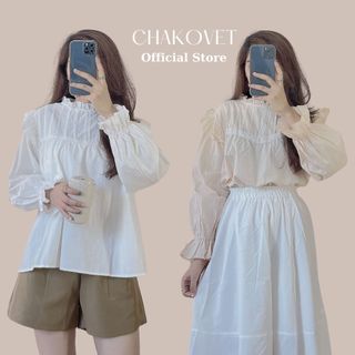 Áo babydoll cánh tiên dài tay, Kiểu áo sơ mi nữ tay bồng xếp ly dọc ngực phối ren -CKA139