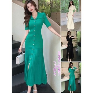 Hàng nhập - Đầm dáng ôm form dài len dệt kim đuôi cá, váy body Quảng Châu tay ngắn cổ bẻ cài nút