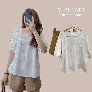 Áo sơ mi nữ cộc tay A829 kiểu cổ vuông phối họa tiết thêu mặc đẹp thoáng mát dáng xinh phù hợp đi làm đi học đi chơi