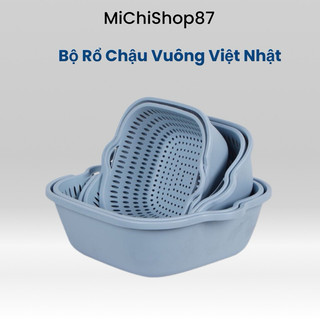 Bộ Thau Rổ 2 Lớp Vuông Nhựa Việt Nhật 6 Món, Bộ Rổ Kèm Chậu Hứng Nước Rau Củ Nhà Bếp Tiện Lợi (3288/3289/3290)