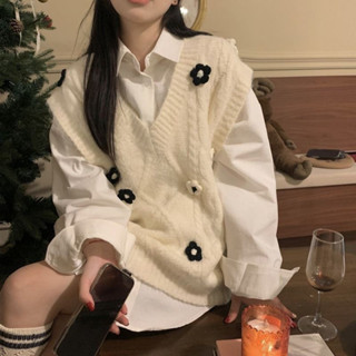  Áo Gile Len Nữ Đính Hoa Nổi Đen Trắng Gile Học Sinh Nữ Dáng Rộng MIU CARDIGAN 