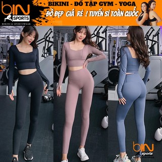 Bộ đồ tập gym yoga aerobic thể thao nữ áo thun dài tay kèm mút và quần dài chất liệu thun poly BINSPORTS BD117