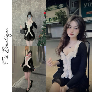 Set áo cổ bèo tiểu thư mix chân váy tơ ánh kim