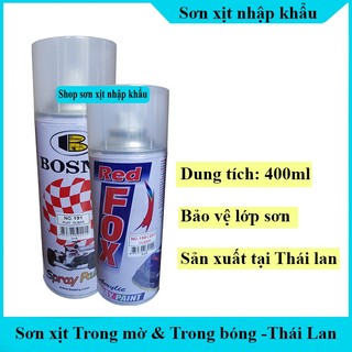 Sơn xịt trong mờ - trong bóng bảo vệ lớp sơn chuyên dụng cao cấp Bosny - Redfox dung tích 400ml Thái Lan