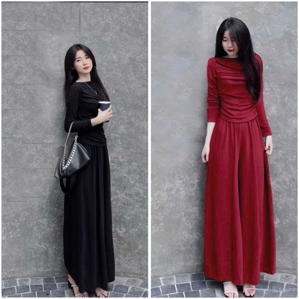 Set Đồ Bộ Nữ Thun Lazon Quần Suông Áo Tay Dài Nhún Xếp Ly Thời Trang Mặc Nhà Giá Rẻ Bao đẹp cực mát lạnh---T9