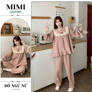  Đồ ngủ nữ pijama bộ mặc nhà kẻ phối cổ ren chất thô đũi mềm mát cao cấp MIMI CLOTHES hcom2814 
