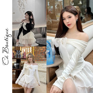 Set đầm trễ vai mặc đi tiệc áo len kèm chân váy tơ