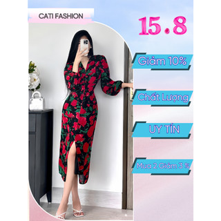 Đầm midi Cati cổ V xẻ trước phối cúc bọc siêu sang A1161