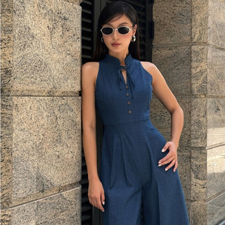 GERME | DESIGN Set Jumpsuit nữ Beryl Jump dáng dài cổ trụ thắt nơ, Set đồ nữ kẻ sọc vải kẻ đũi / jean giấy JVNH062401