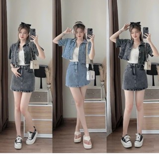Sét váy jean thời trang nữ, sét váy áo khoác jean croptop tay ngắn cổ sơ mi phối túi kèm mix chân váy chữ A dáng ngắn